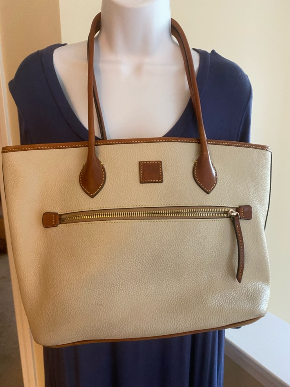 Cream Tote Bag with Brown Trim - Classic Two-Tone Women's Handbag